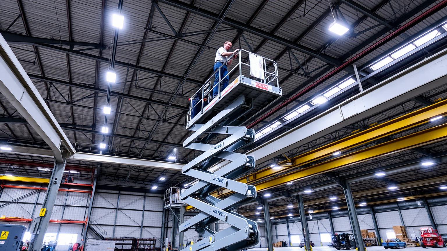 Plataforma elevatória tesoura em operação dentro de um galpão