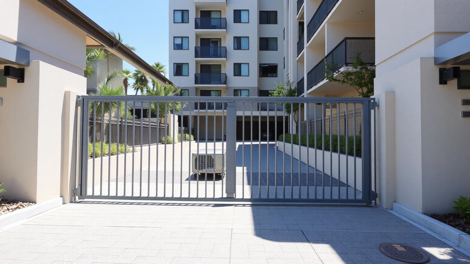 Portão deslizante automatizado na entrada de um condomínio