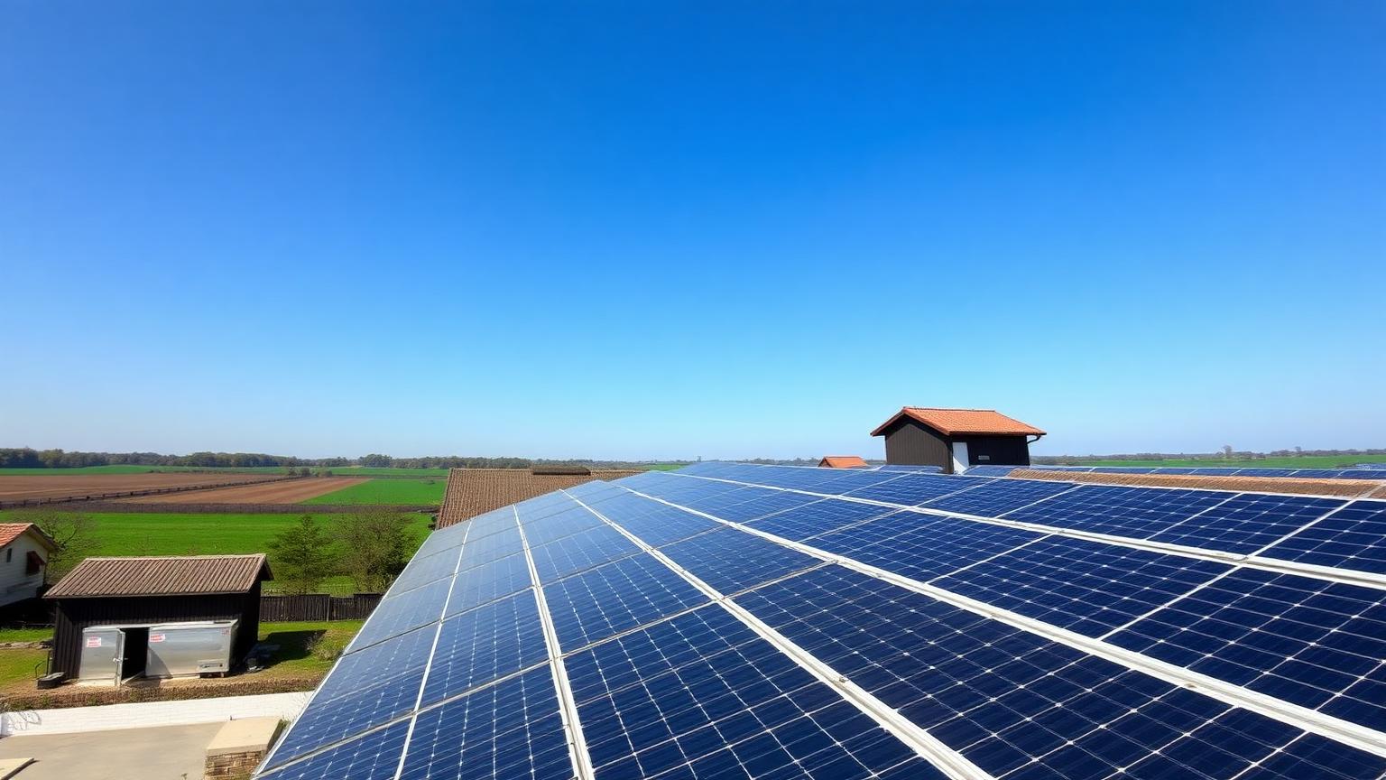 Painéis solares em telhado de propriedade rural